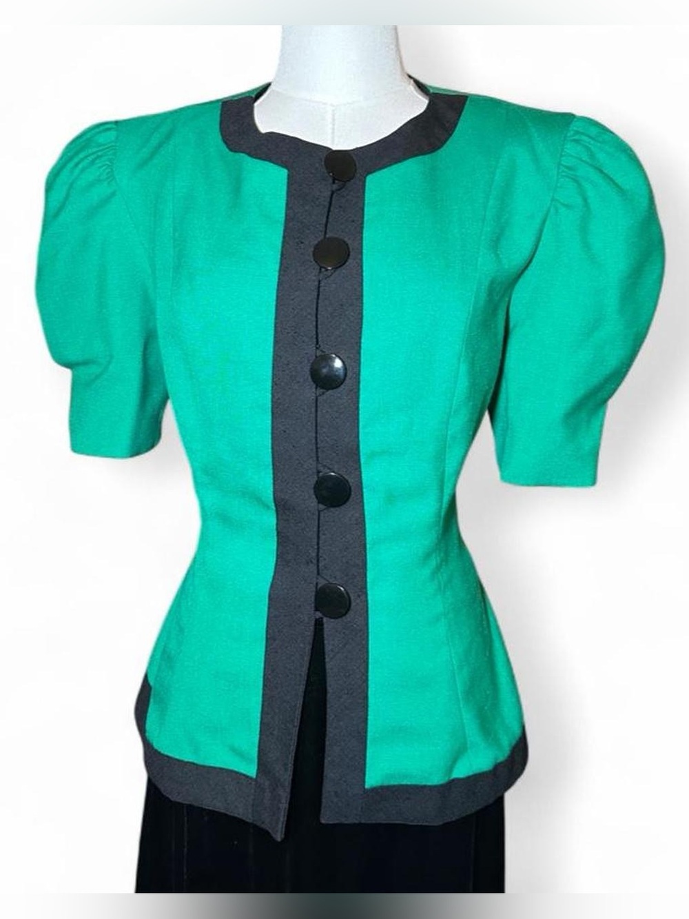 Vintage Leslie Fay Green Puff Sleeve Button-Front Blouse Retro Office Academia